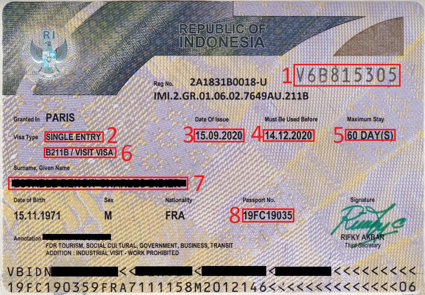 Exemple visa pour e-Visa Indonésie