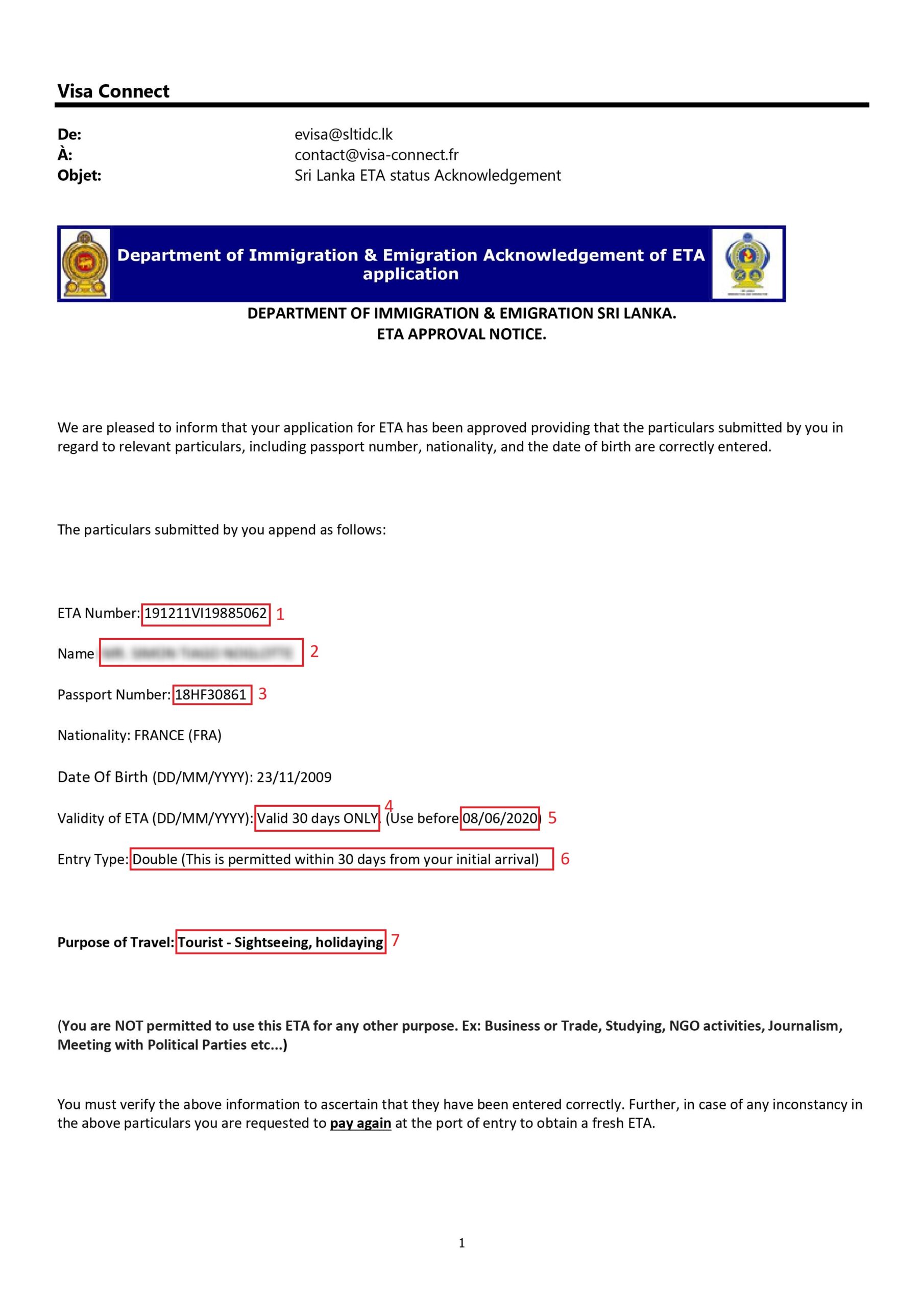 Exemple visa pour ETA Sri Lanka