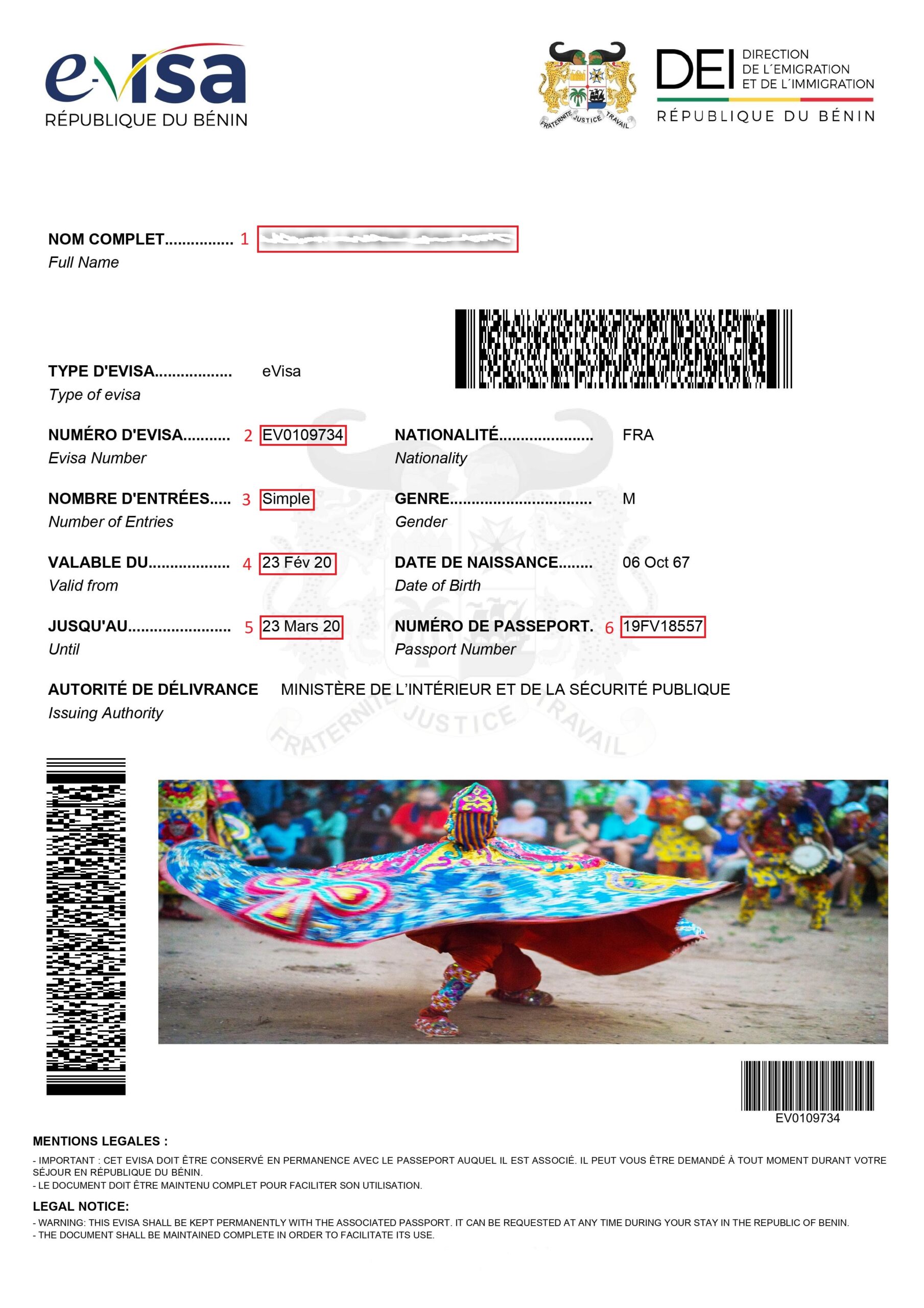 Exemple visa pour eVisa Bénin