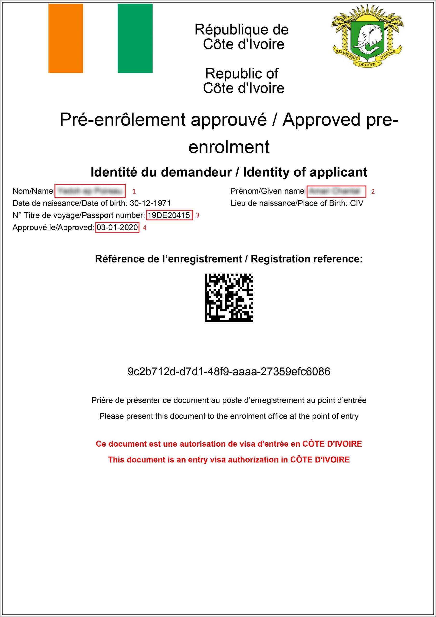 Exemple visa pour eVisa Côte d’Ivoire