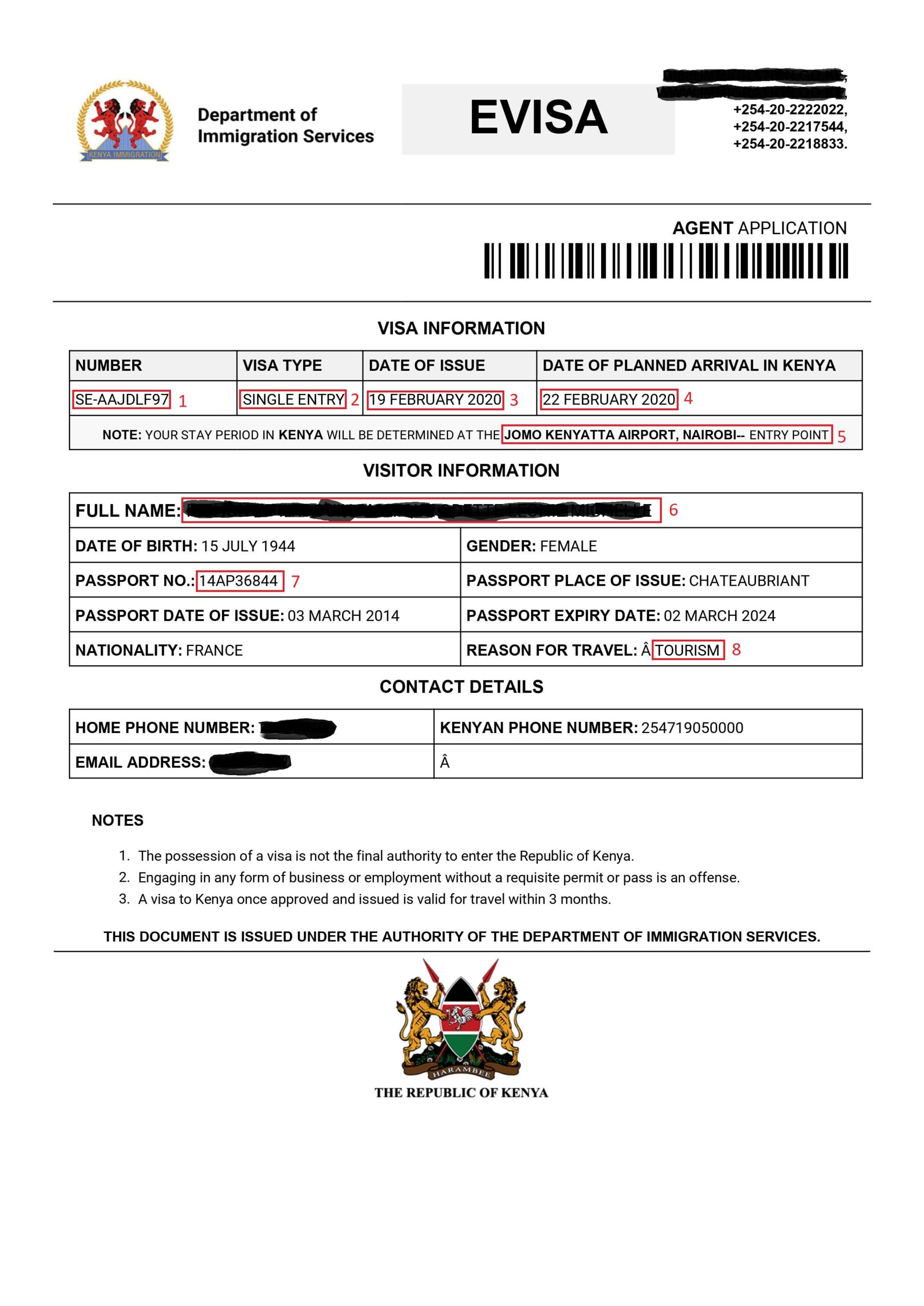 Exemple visa pour eVisa Kenya
