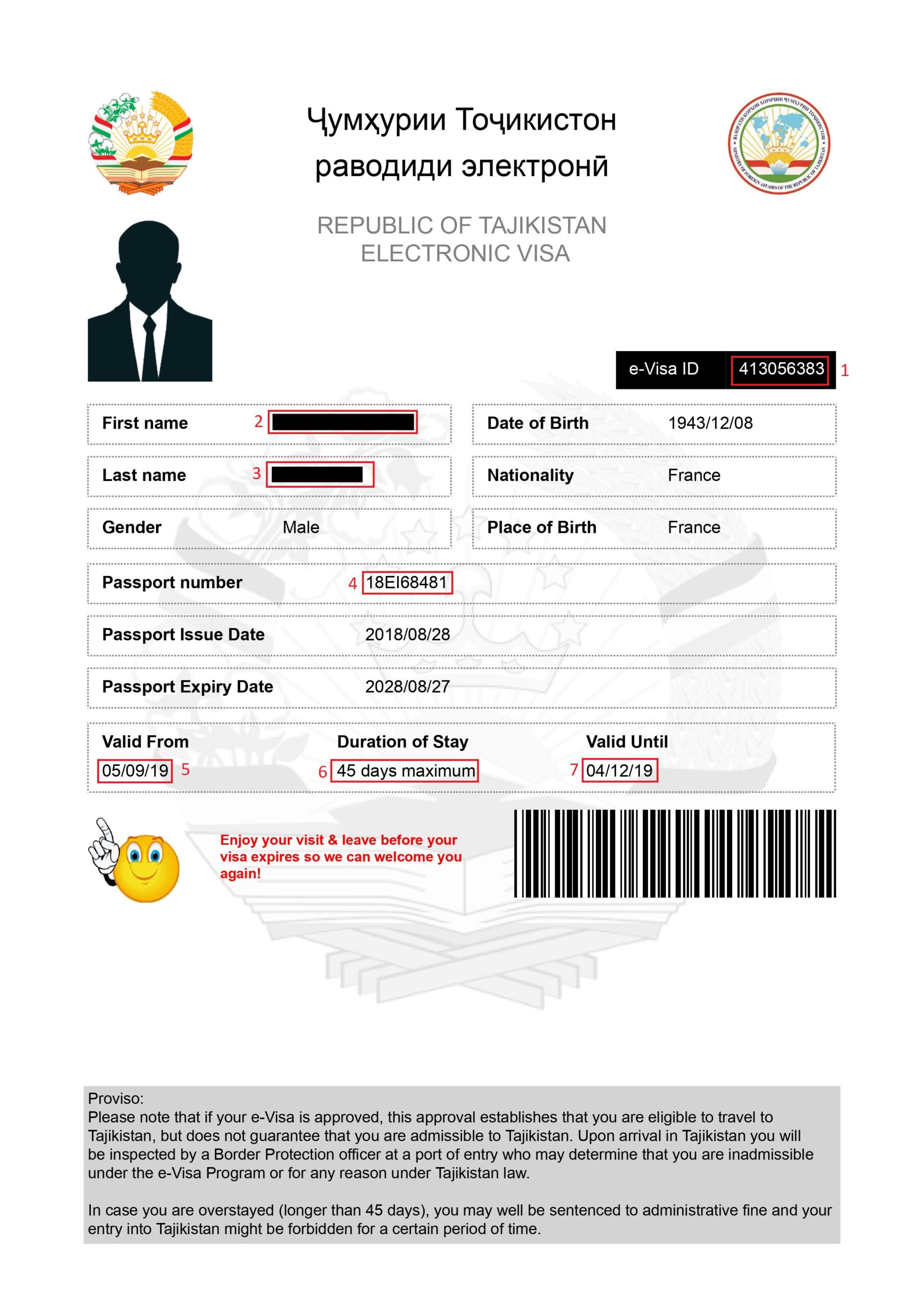 Exemple visa pour eVisa Tadjikistan