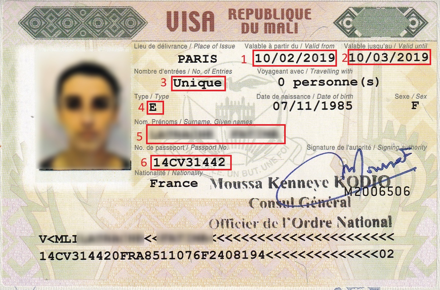 Exemple visa pour Visa Mali