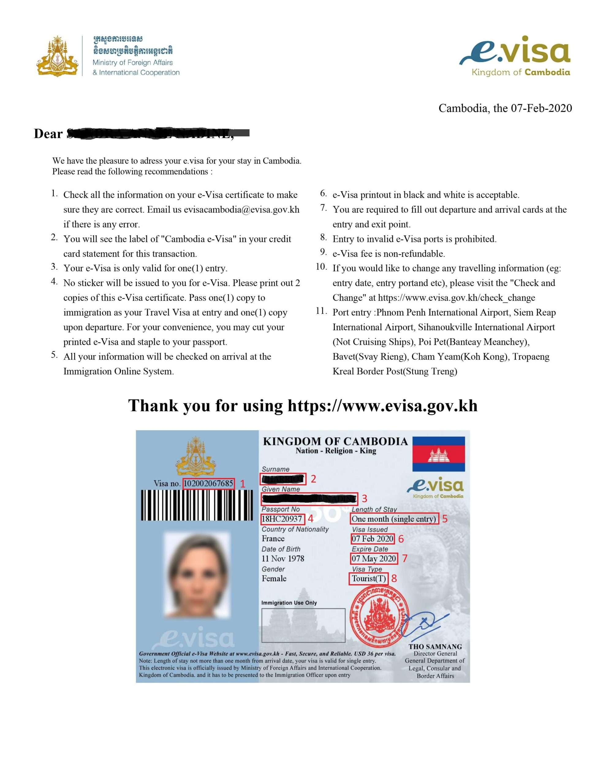 Exemple visa pour eVisa Cambodge
