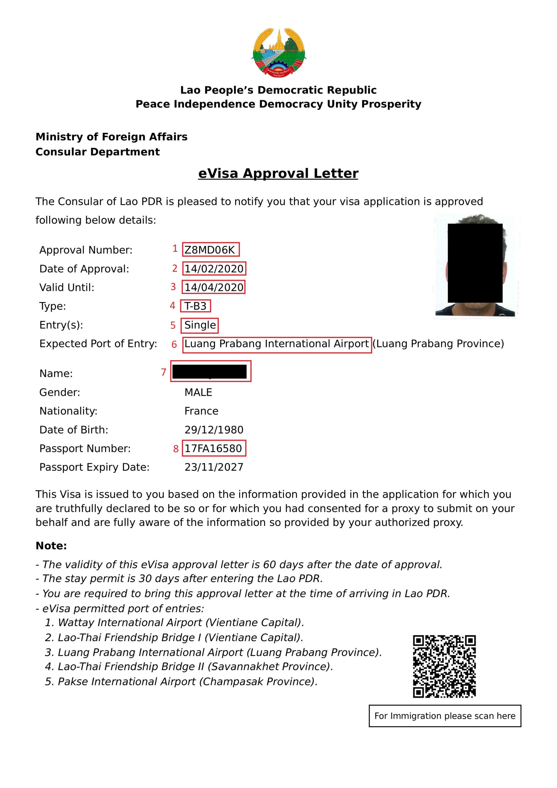 Exemple visa pour eVisa Laos