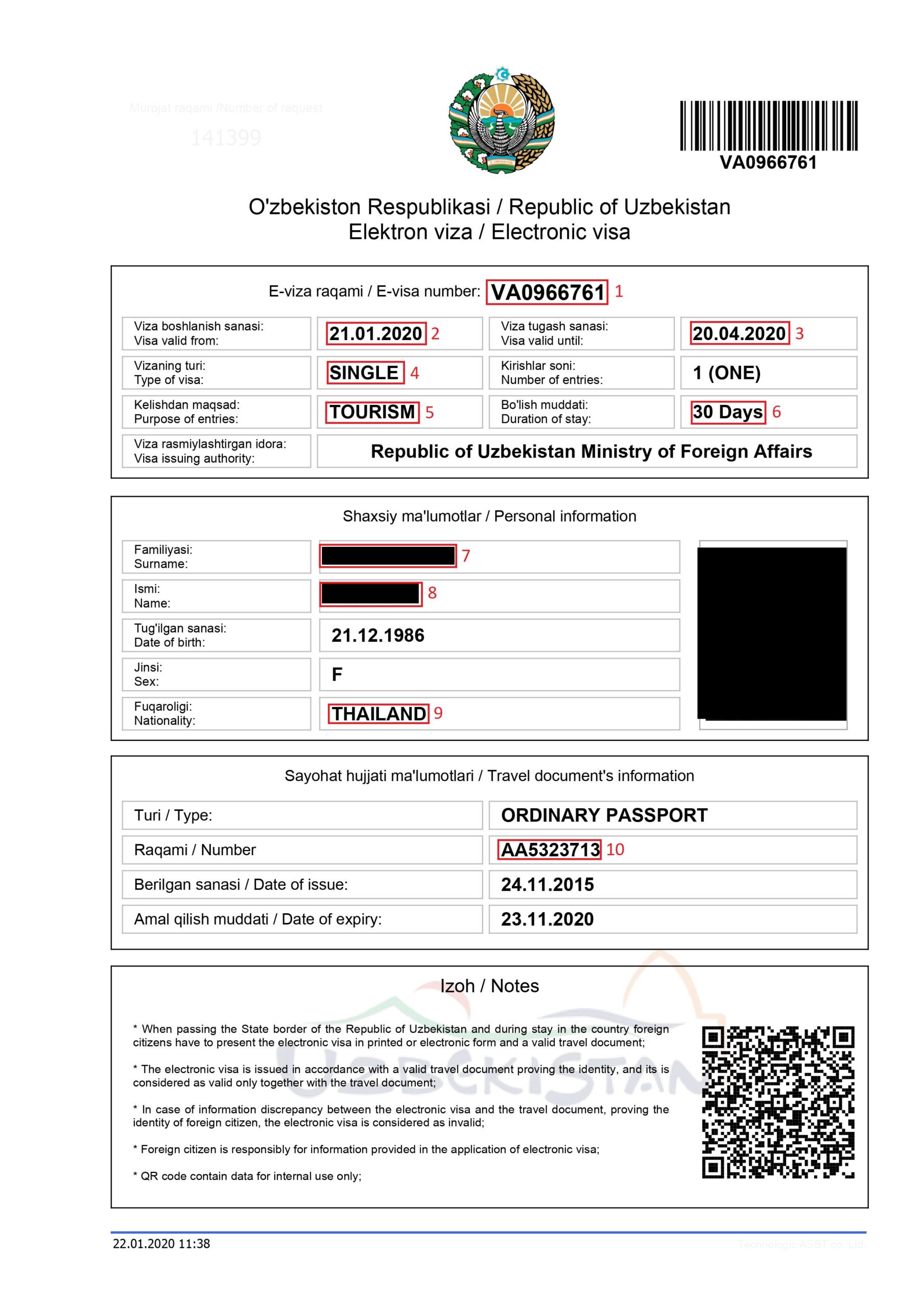 Exemple visa pour eVisa Ouzbékistan
